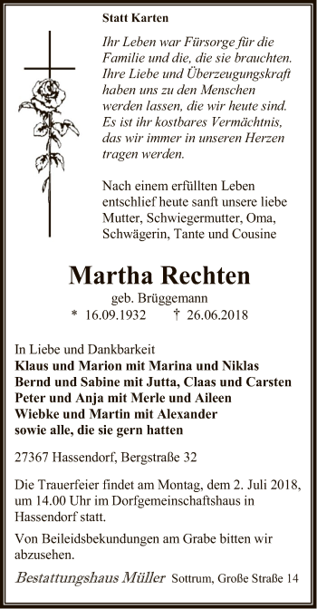 Traueranzeige von Martha Rechten von SYK