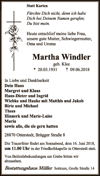 Traueranzeige von Martha Windler von SYK