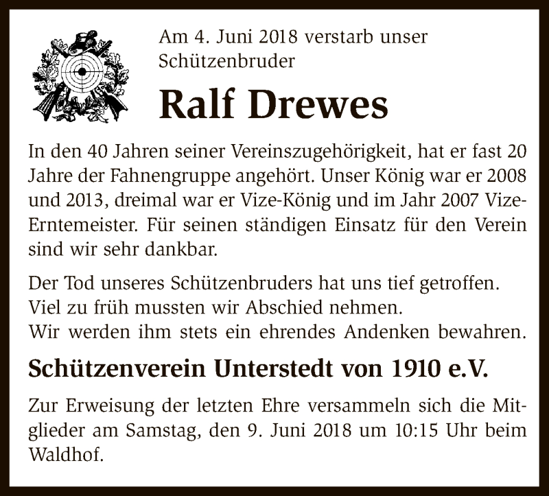  Traueranzeige für Ralf Drewes vom 07.06.2018 aus SYK