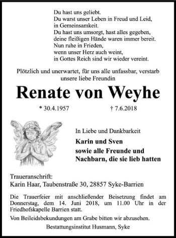 Traueranzeige von Renate  von Weyhe von SYK