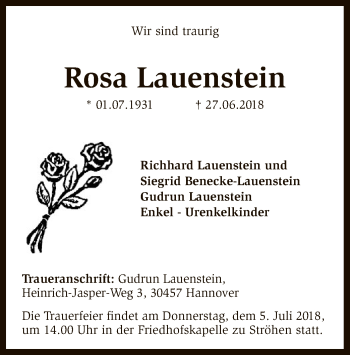 Traueranzeige von Rosa Lauenstein von SYK