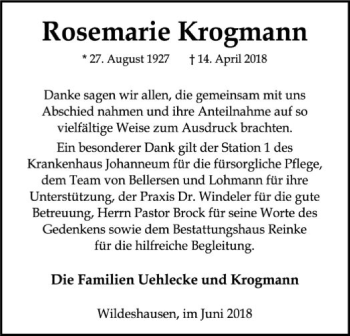 Traueranzeige von Rosemarie Krogmann von SYK