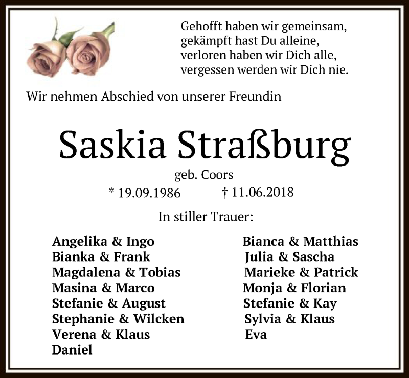  Traueranzeige für Saskia Coors vom 15.06.2018 aus SYK