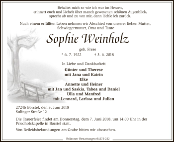 Traueranzeige von Sophie Weinholz von SYK