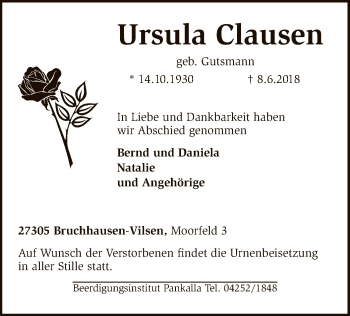 Traueranzeige von Ursula Clausen von SYK