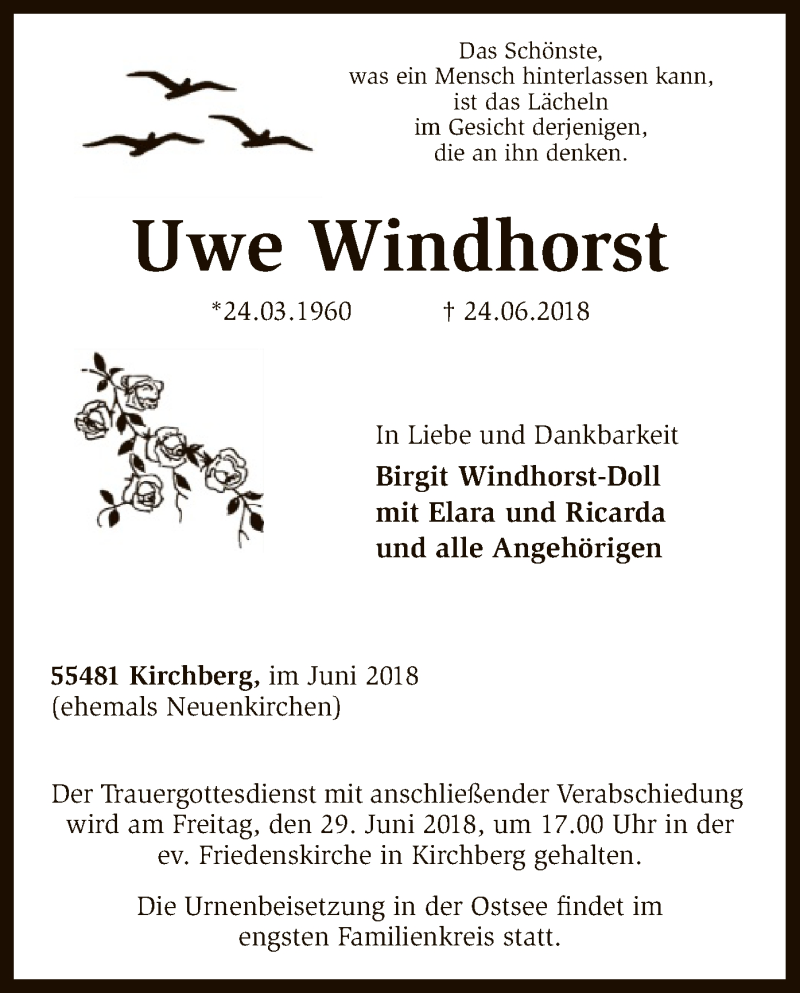  Traueranzeige für Uwe Windhorst vom 28.06.2018 aus SYK