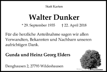 Traueranzeige von Walter Dunker von SYK