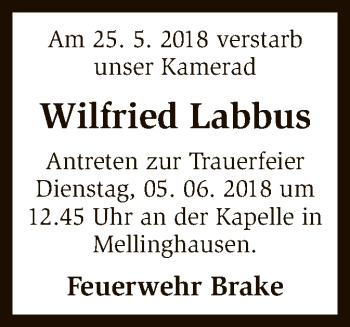 Traueranzeige von Wilfried Labbus von SYK