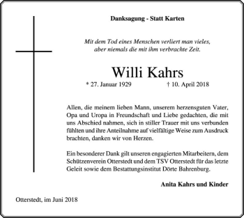 Traueranzeige von Willi Kahrs von SYK