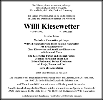 Traueranzeige von Willi Kiesewetter von SYK