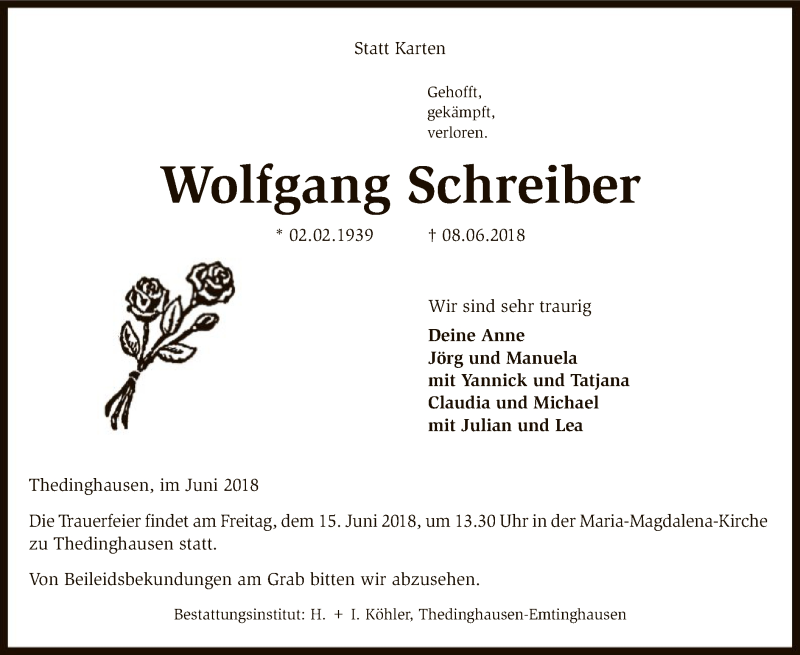  Traueranzeige für Wolfgang Schreiber vom 12.06.2018 aus SYK