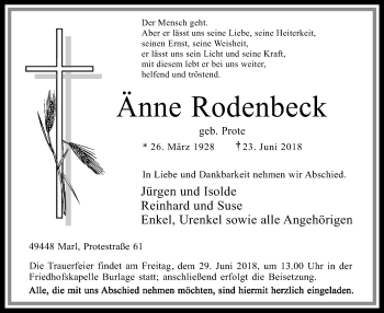 Traueranzeige von Änne Rodenbeck von SYK