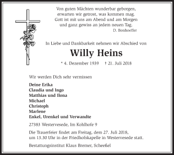 Traueranzeige von Willy Heins 