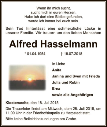 Traueranzeige von Alfred Hasselmann von SYK