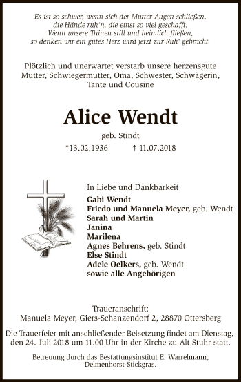 Traueranzeige von Alice Wendt von SYK