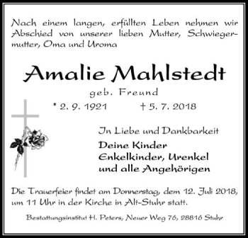 Traueranzeige von Amalie Mahlstedt von SYK