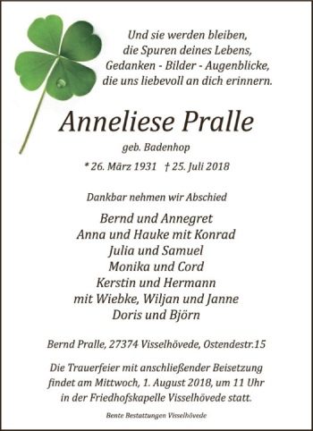 Traueranzeige von Anneliese Pralle von SYK