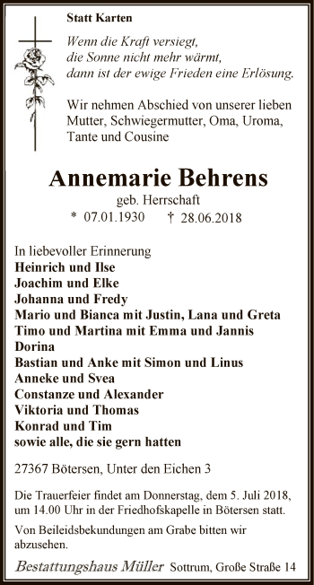 Traueranzeige von Annemarie Behrens von SYK