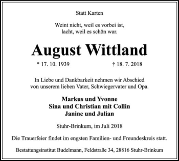 Traueranzeige von August Wittland von SYK