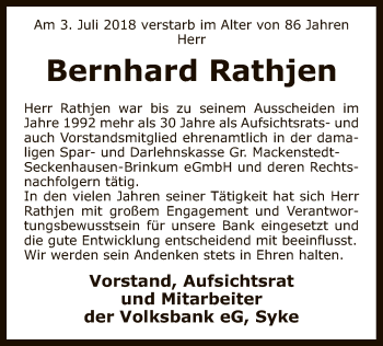 Traueranzeige von Bernhard Rathjen von SYK