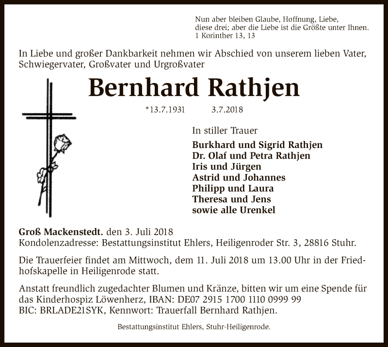  Traueranzeige für Bernhard Rathjen vom 06.07.2018 aus SYK