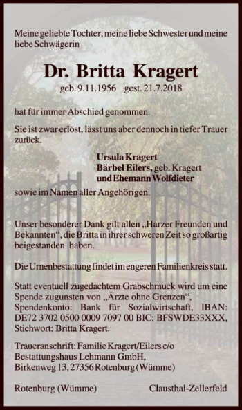 Traueranzeige von Britta Kragert von SYK