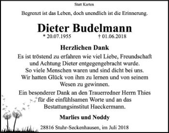 Traueranzeige von Dieter Budelmann von SYK