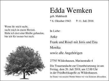 Traueranzeige von Edda Weinken von SYK