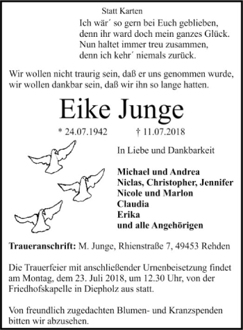 Traueranzeige von Eike Junge von SYK