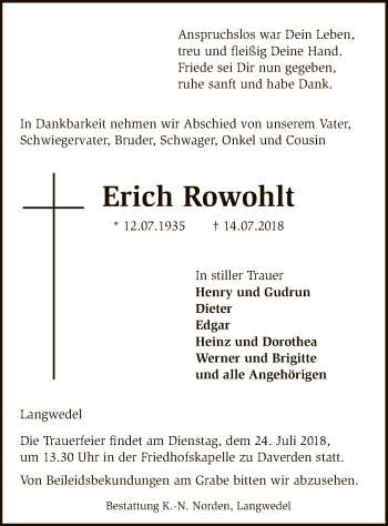 Traueranzeige von Erich Rowohlt von SYK