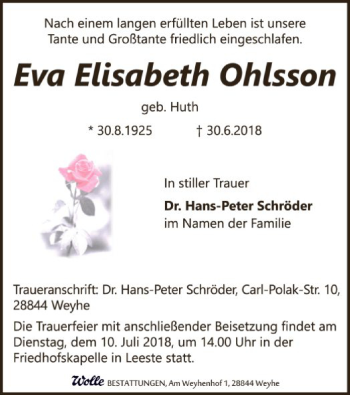 Traueranzeige von Eva Elisabeth Ohlsson von SYK