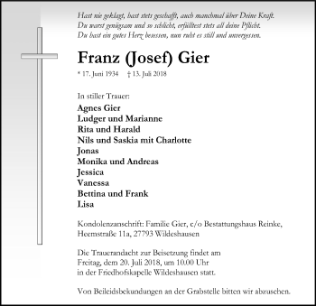 Traueranzeige von Franz  Gier von SYK