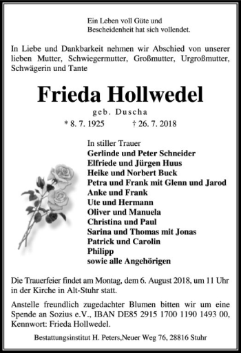 Traueranzeige von Frieda Hollwedel von SYK