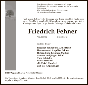 Traueranzeige von Friedrich Fehner von SYK