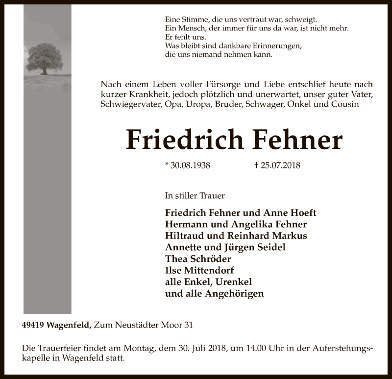  Traueranzeige für Friedrich Fehner vom 26.07.2018 aus SYK