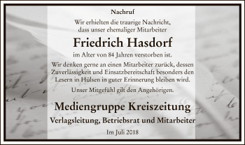 Traueranzeige von Friedrich Hasdorf von SYK