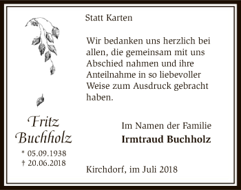 Traueranzeige von Fritz Buchholz von SYK