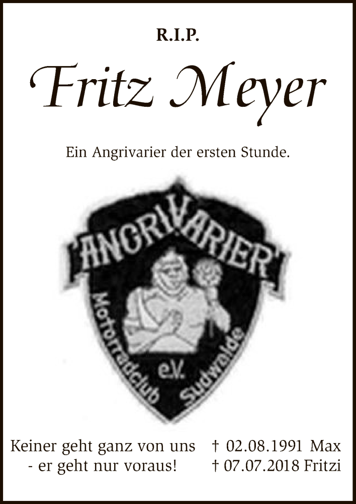  Traueranzeige für Fritz Meyer vom 14.07.2018 aus SYK