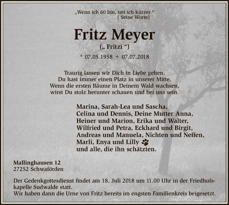  Traueranzeige für Fritz Meyer vom 11.07.2018 aus SYK