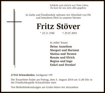 Traueranzeige von Fritz Stöver von SYK