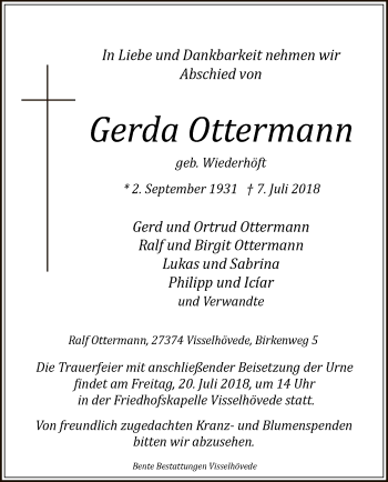 Traueranzeige von Gerda Ottermann von SYK