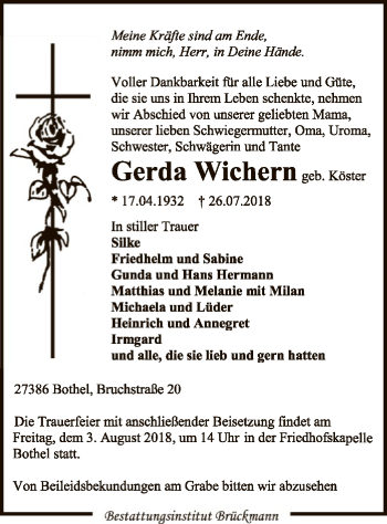 Traueranzeige von Gerda Wichern von SYK