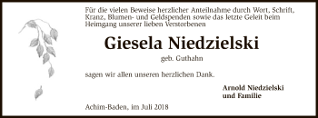 Traueranzeige von Giesela Niedzielski von SYK