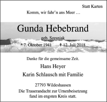 Traueranzeige von Gunda Hebebrand von SYK