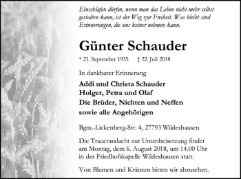 Traueranzeige von Günter Schauder von SYK