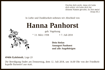 Traueranzeige von Hanna Panhorst von SYK