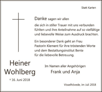 Traueranzeige von Heiner Wohlberg von SYK