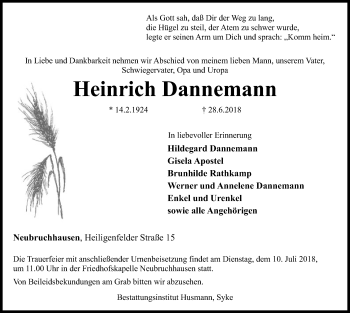 Traueranzeige von Heinrich Dannemann von SYK