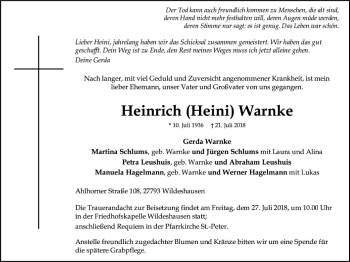 Traueranzeige von Heinrich Warnke von SYK