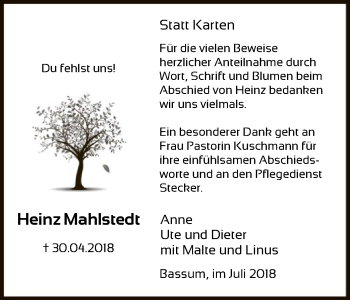 Traueranzeige von Heinz Mahlstedt von SYK